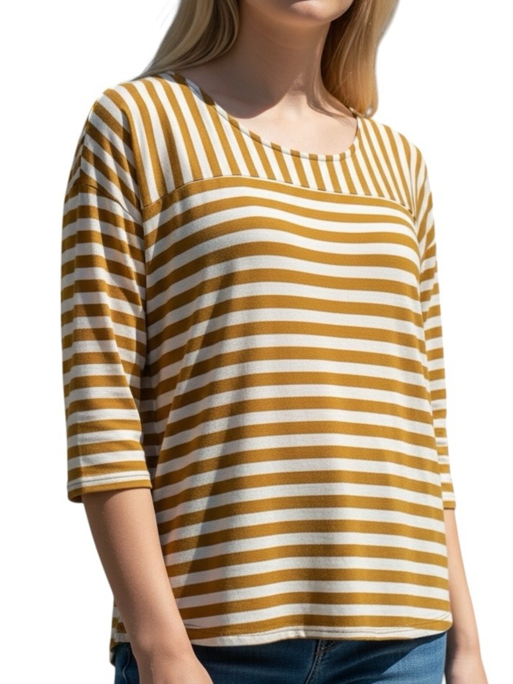 Les Amis Striped Mustard and White 3/4 Sleeve Tee Size Small Knit